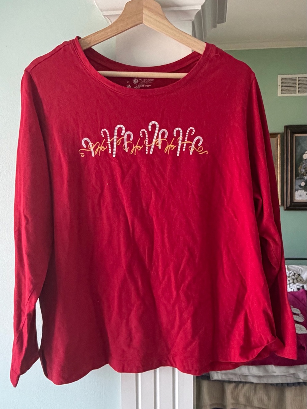 Red Long Sleeve Holiday Tee with Candy Cane Graphic